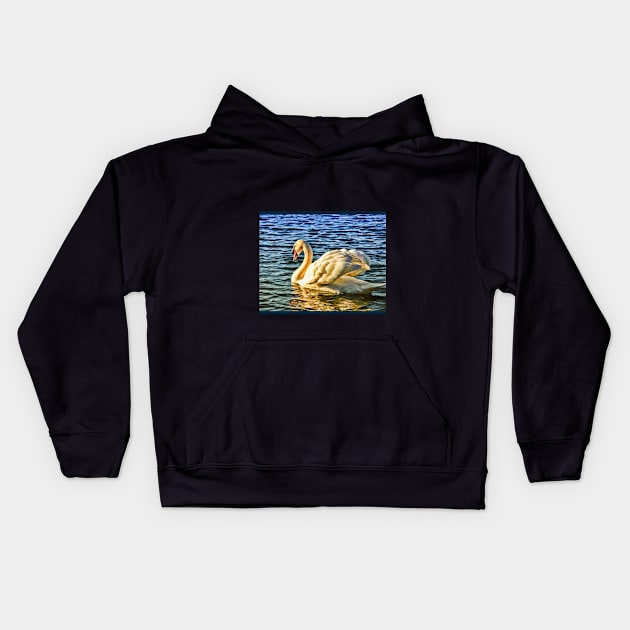 Swan wading on water in sunshine Kids Hoodie by Blue Butterfly Designs 